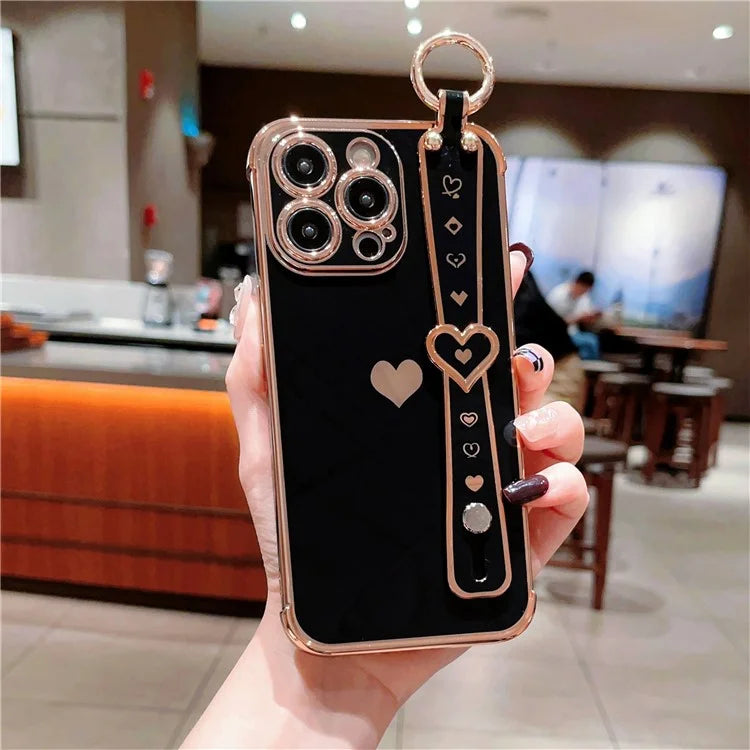 For iPhone 14 Pro Max Case Side Edge Small Love Pattern TPU Phone Cover Wristband