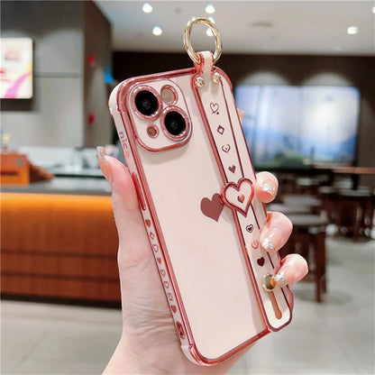 For iPhone 14 Case Soft TPU Phone Cover Wristband Ring Holder Luxury Love Heart