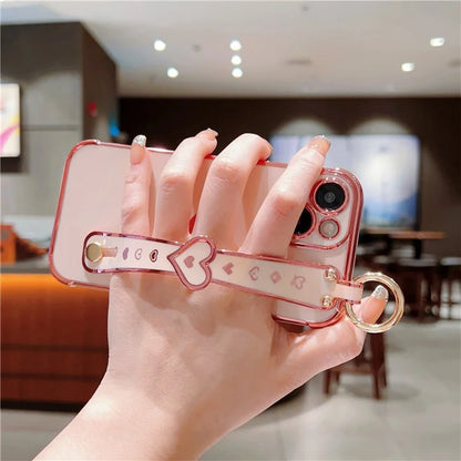For iPhone 14 Case Soft TPU Phone Cover Wristband Ring Holder Luxury Love Heart