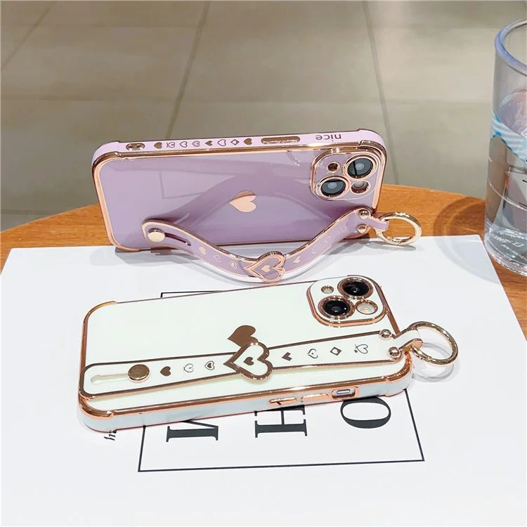 For iPhone 14 Case Soft TPU Phone Cover Wristband Ring Holder Luxury Love Heart