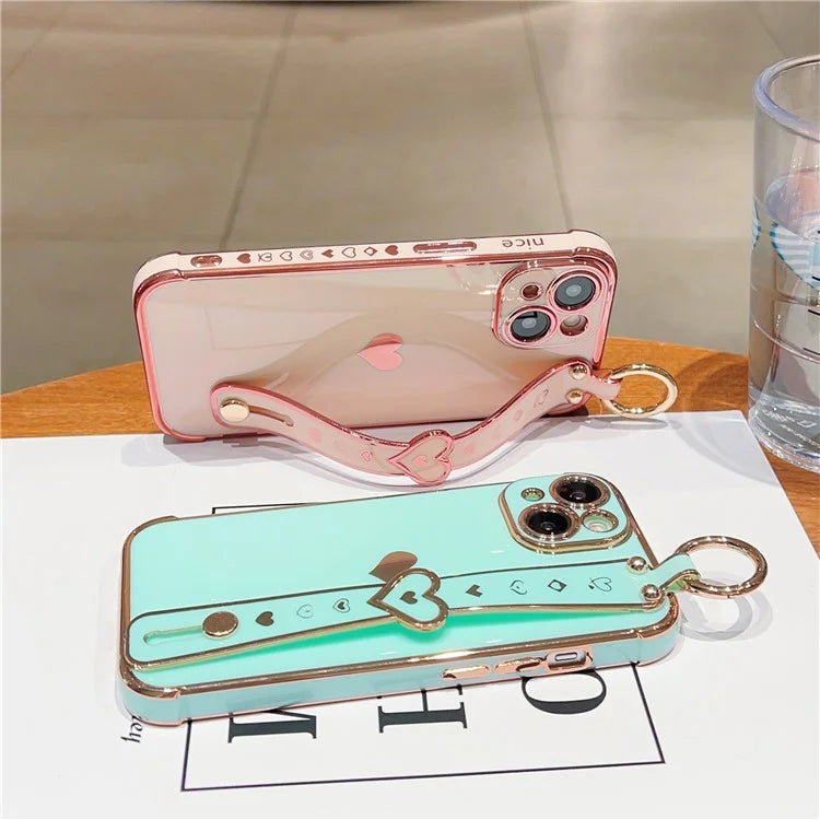 For iPhone 14 Case Soft TPU Phone Cover Wristband Ring Holder Luxury Love Heart
