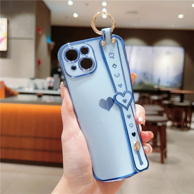 For iPhone 14 Case Soft TPU Phone Cover Wristband Ring Holder Luxury Love Heart