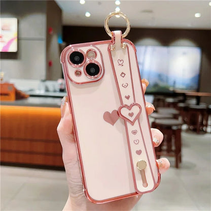 For iPhone 15 Case Soft Electroplated TPU Phone Cover Edge Love Hearts Pattern Wristband