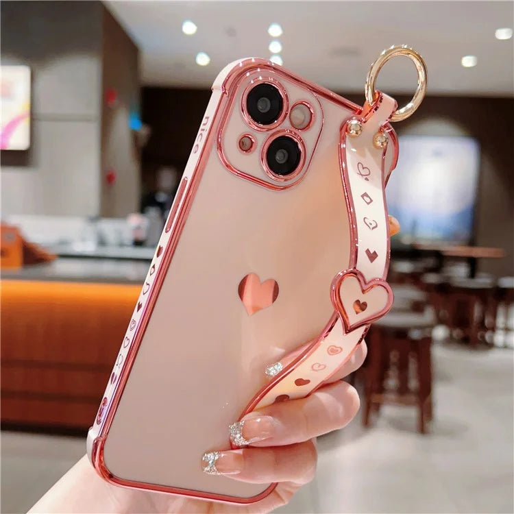 For iPhone 15 Case Soft Electroplated TPU Phone Cover Edge Love Hearts Pattern Wristband