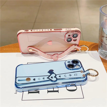 For iPhone 15 Case Soft Electroplated TPU Phone Cover Edge Love Hearts Pattern Wristband