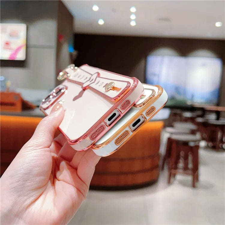 For iPhone 15 Case Soft Electroplated TPU Phone Cover Edge Love Hearts Pattern Wristband