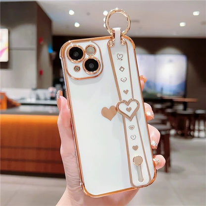 For iPhone 15 Case Soft Electroplated TPU Phone Cover Edge Love Hearts Pattern Wristband