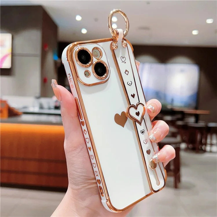 For iPhone 15 Case Soft Electroplated TPU Phone Cover Edge Love Hearts Pattern Wristband