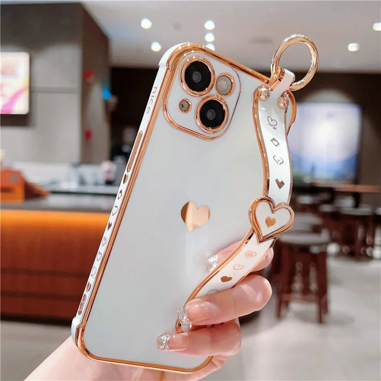For iPhone 15 Case Soft Electroplated TPU Phone Cover Edge Love Hearts Pattern Wristband
