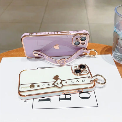 For iPhone 15 Case Soft Electroplated TPU Phone Cover Edge Love Hearts Pattern Wristband