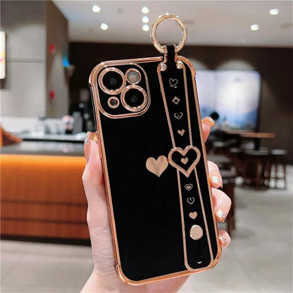 For iPhone 15 Case Soft Electroplated TPU Phone Cover Edge Love Hearts Pattern Wristband