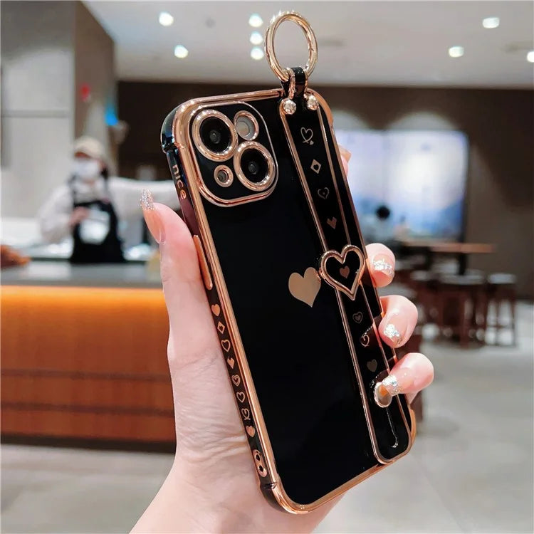 For iPhone 15 Case Soft Electroplated TPU Phone Cover Edge Love Hearts Pattern Wristband