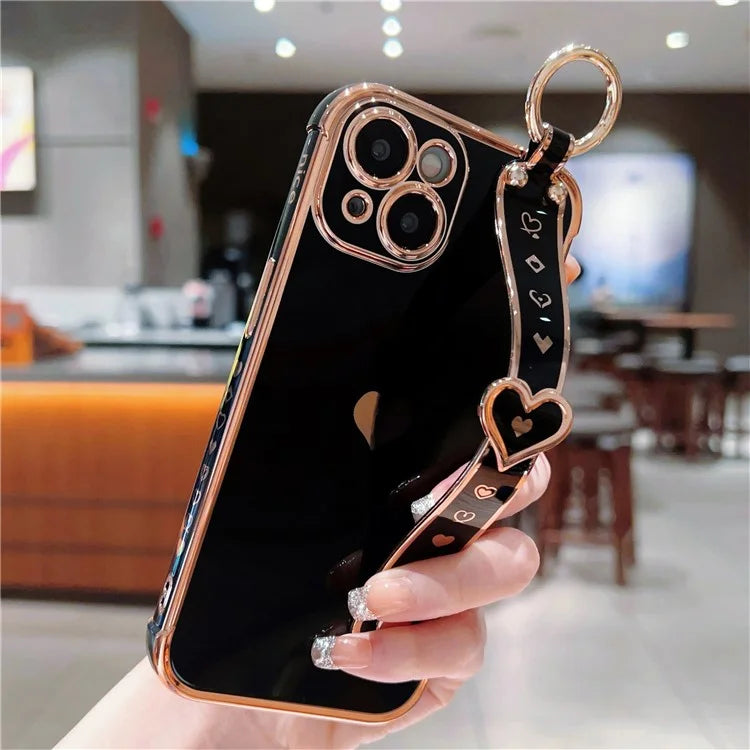 For iPhone 15 Case Soft Electroplated TPU Phone Cover Edge Love Hearts Pattern Wristband