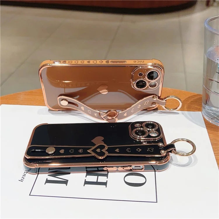 For iPhone 15 Case Soft Electroplated TPU Phone Cover Edge Love Hearts Pattern Wristband