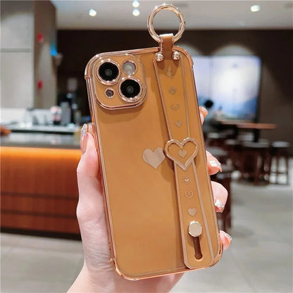 For iPhone 15 Case Soft Electroplated TPU Phone Cover Edge Love Hearts Pattern Wristband