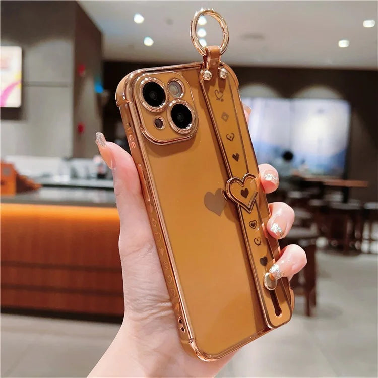 For iPhone 15 Case Soft Electroplated TPU Phone Cover Edge Love Hearts Pattern Wristband