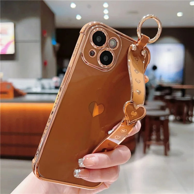 For iPhone 15 Case Soft Electroplated TPU Phone Cover Edge Love Hearts Pattern Wristband
