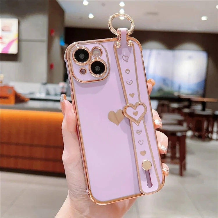 For iPhone 15 Case Soft Electroplated TPU Phone Cover Edge Love Hearts Pattern Wristband