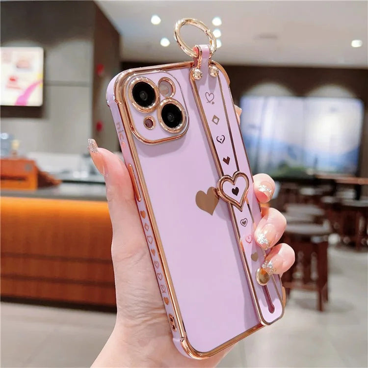 For iPhone 15 Case Soft Electroplated TPU Phone Cover Edge Love Hearts Pattern Wristband