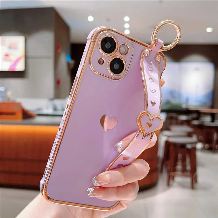 For iPhone 15 Case Soft Electroplated TPU Phone Cover Edge Love Hearts Pattern Wristband