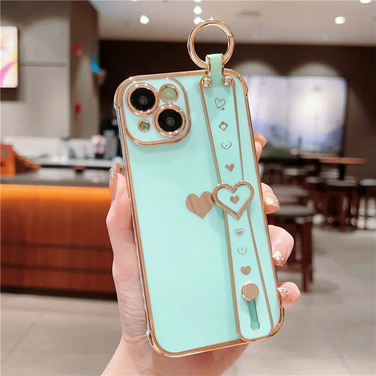 For iPhone 15 Case Soft Electroplated TPU Phone Cover Edge Love Hearts Pattern Wristband