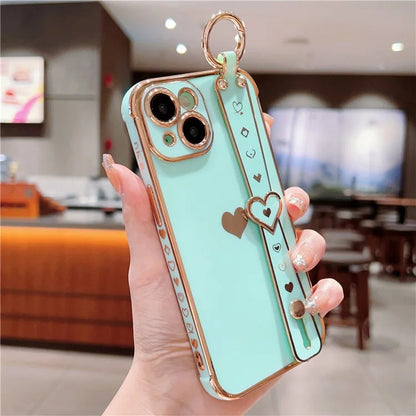 For iPhone 15 Case Soft Electroplated TPU Phone Cover Edge Love Hearts Pattern Wristband