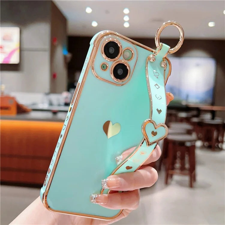 For iPhone 15 Case Soft Electroplated TPU Phone Cover Edge Love Hearts Pattern Wristband
