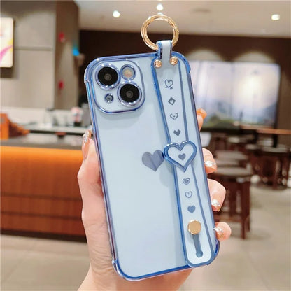 For iPhone 15 Case Soft Electroplated TPU Phone Cover Edge Love Hearts Pattern Wristband