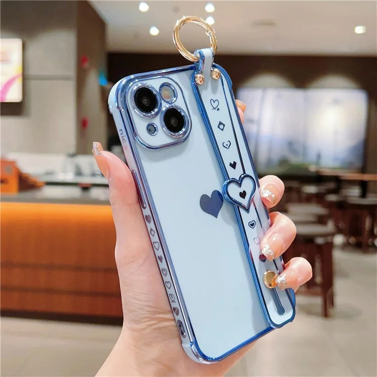 For iPhone 15 Case Soft Electroplated TPU Phone Cover Edge Love Hearts Pattern Wristband