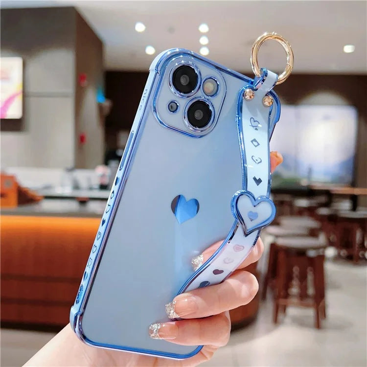 For iPhone 15 Case Soft Electroplated TPU Phone Cover Edge Love Hearts Pattern Wristband