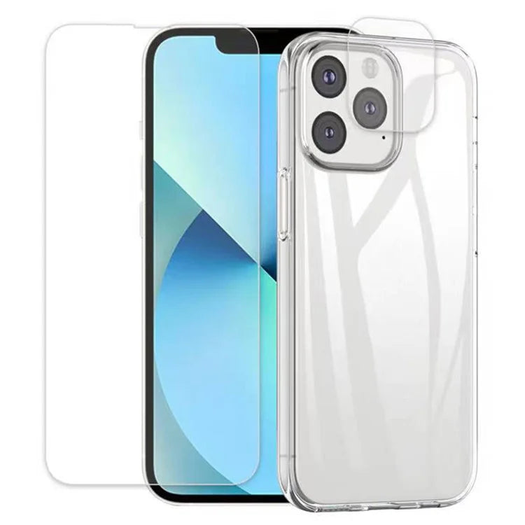 For iPhone 16 Pro Max Clear TPU Anti-scratch Phone Case + Tempered Glass Lens Film + 2.5D Arc Edge Screen Protector