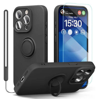 For iPhone 16 Pro Kickstand Case Liquid Silicone Phone Cover with Tempered Glass Screen Protector