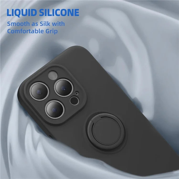 For iPhone 16 Pro Kickstand Case Liquid Silicone Phone Cover with Tempered Glass Screen Protector