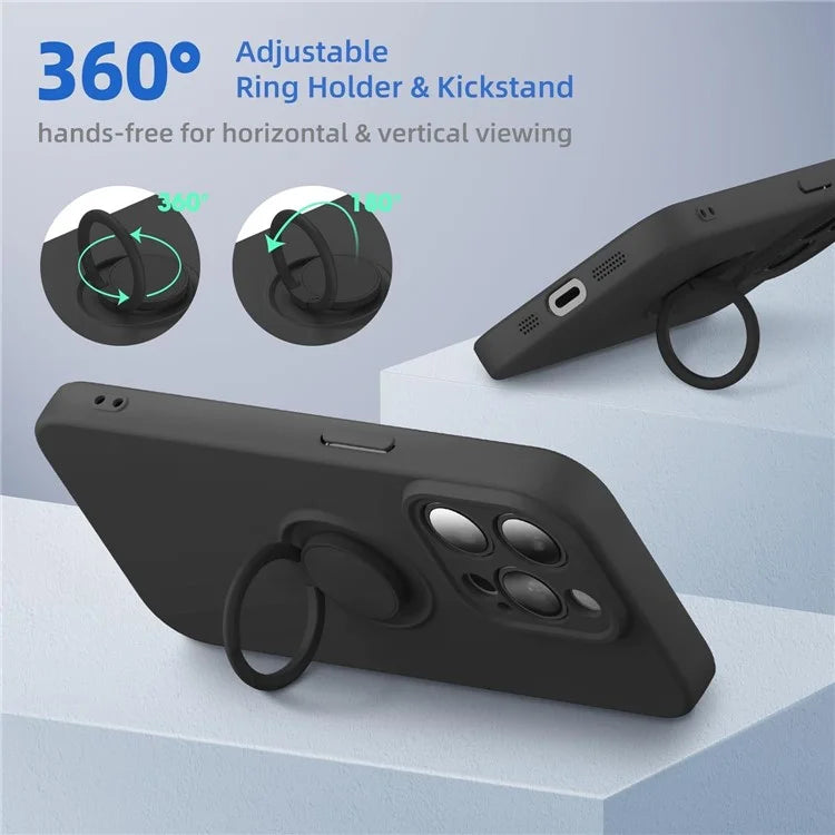 For iPhone 16 Pro Kickstand Case Liquid Silicone Phone Cover with Tempered Glass Screen Protector