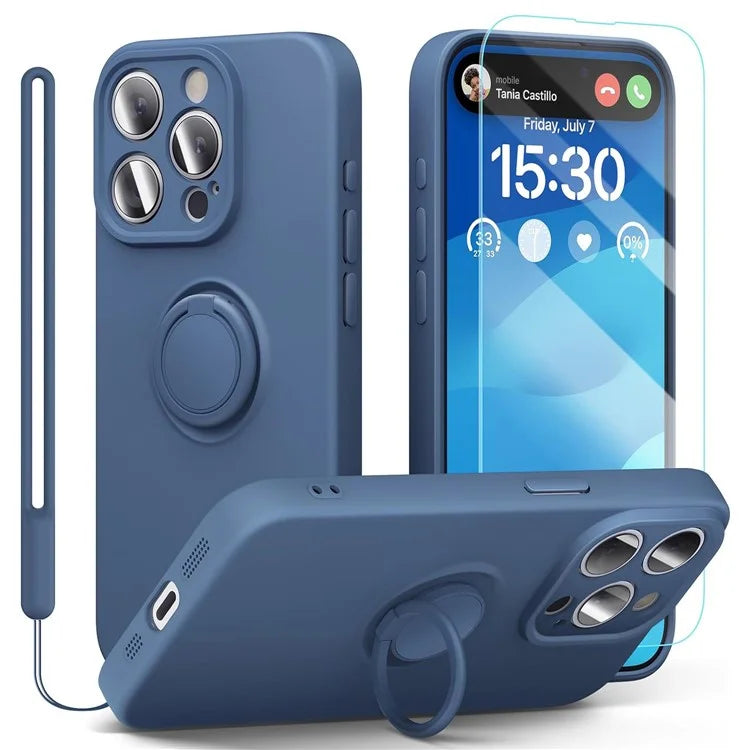For iPhone 16 Pro Kickstand Case Liquid Silicone Phone Cover with Tempered Glass Screen Protector