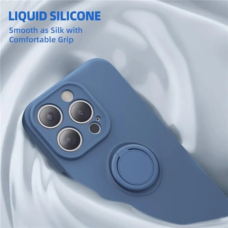 For iPhone 16 Pro Kickstand Case Liquid Silicone Phone Cover with Tempered Glass Screen Protector