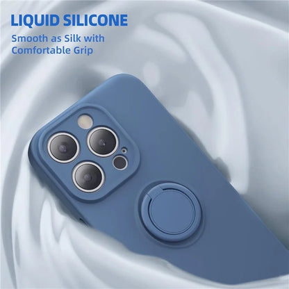 For iPhone 16 Pro Kickstand Case Liquid Silicone Phone Cover with Tempered Glass Screen Protector