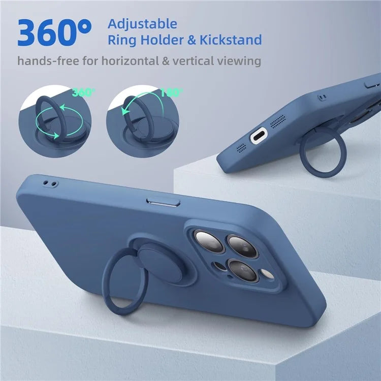 For iPhone 16 Pro Kickstand Case Liquid Silicone Phone Cover with Tempered Glass Screen Protector