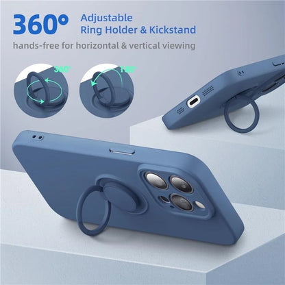 For iPhone 16 Pro Kickstand Case Liquid Silicone Phone Cover with Tempered Glass Screen Protector