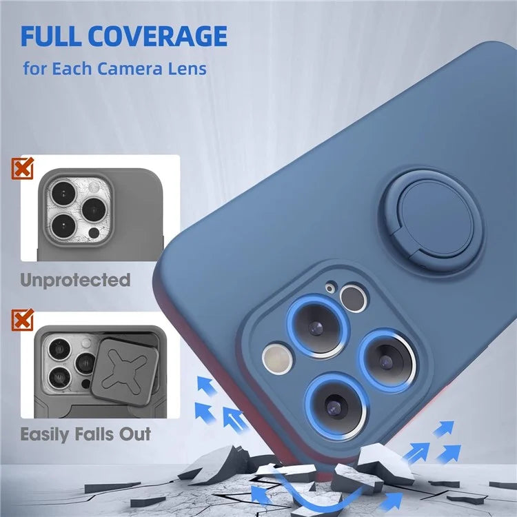 For iPhone 16 Pro Kickstand Case Liquid Silicone Phone Cover with Tempered Glass Screen Protector