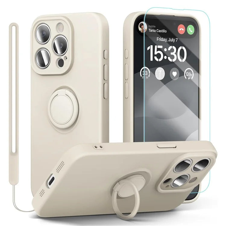 For iPhone 16 Pro Kickstand Case Liquid Silicone Phone Cover with Tempered Glass Screen Protector