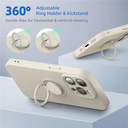 For iPhone 16 Pro Kickstand Case Liquid Silicone Phone Cover with Tempered Glass Screen Protector