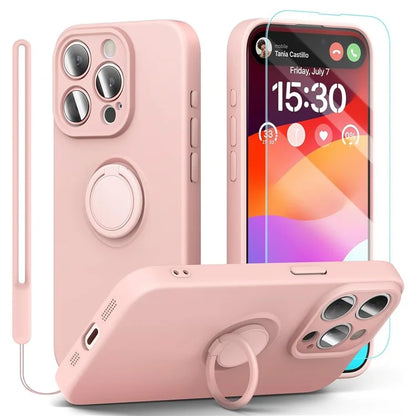 For iPhone 16 Pro Kickstand Case Liquid Silicone Phone Cover with Tempered Glass Screen Protector
