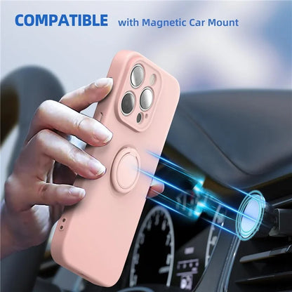 For iPhone 16 Pro Kickstand Case Liquid Silicone Phone Cover with Tempered Glass Screen Protector