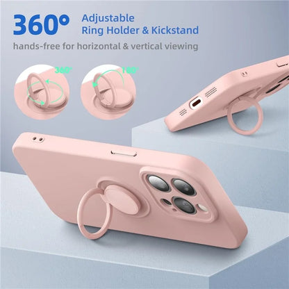 For iPhone 16 Pro Kickstand Case Liquid Silicone Phone Cover with Tempered Glass Screen Protector