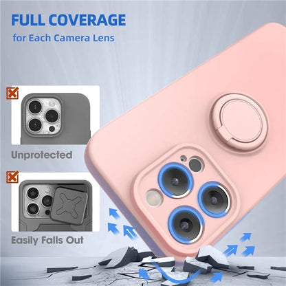 For iPhone 16 Pro Kickstand Case Liquid Silicone Phone Cover with Tempered Glass Screen Protector