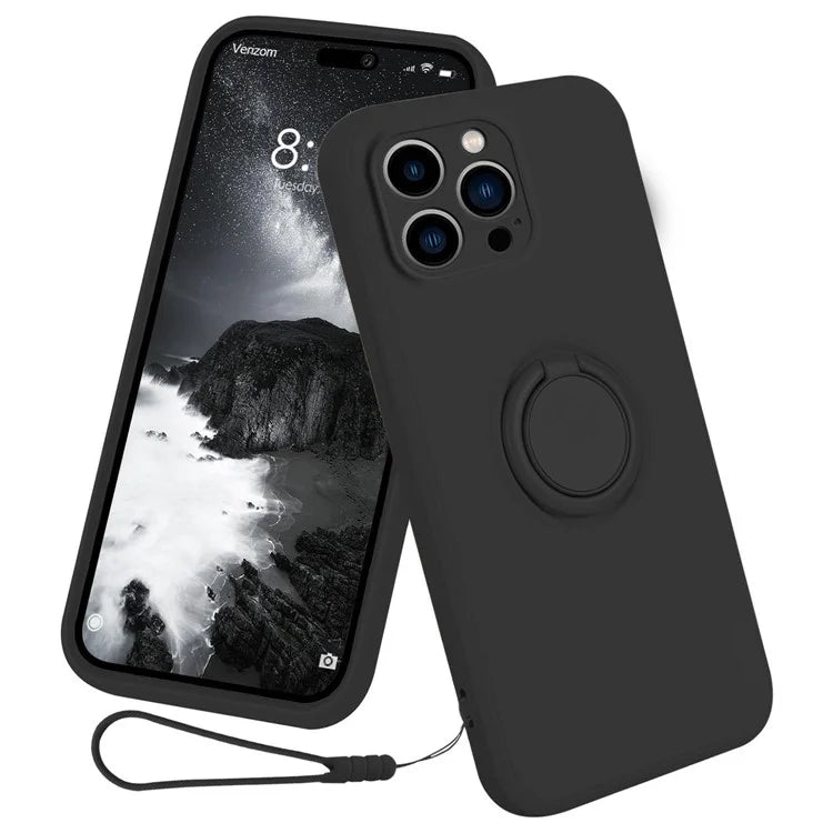 For iPhone 16 Pro Silicone Case with Strap Ring Kickstand Phone Cover