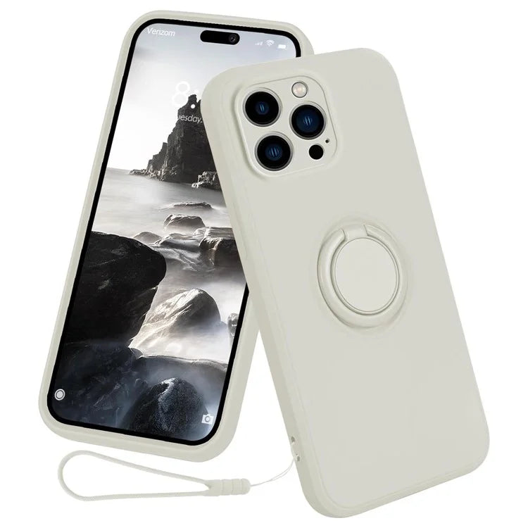 For iPhone 16 Pro Silicone Case with Strap Ring Kickstand Phone Cover
