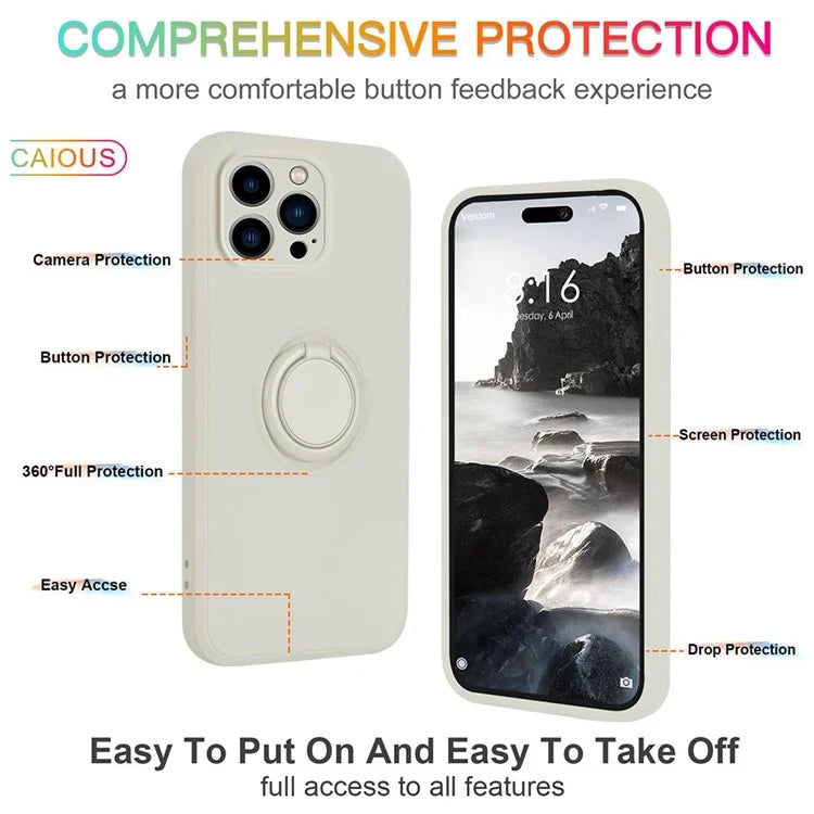For iPhone 16 Pro Silicone Case with Strap Ring Kickstand Phone Cover