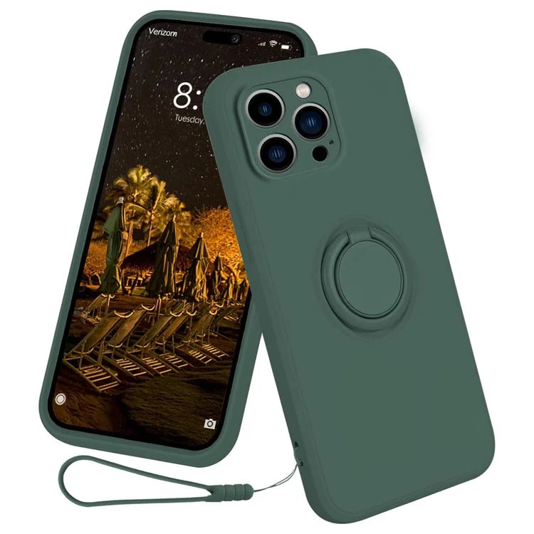 For iPhone 16 Pro Silicone Case with Strap Ring Kickstand Phone Cover